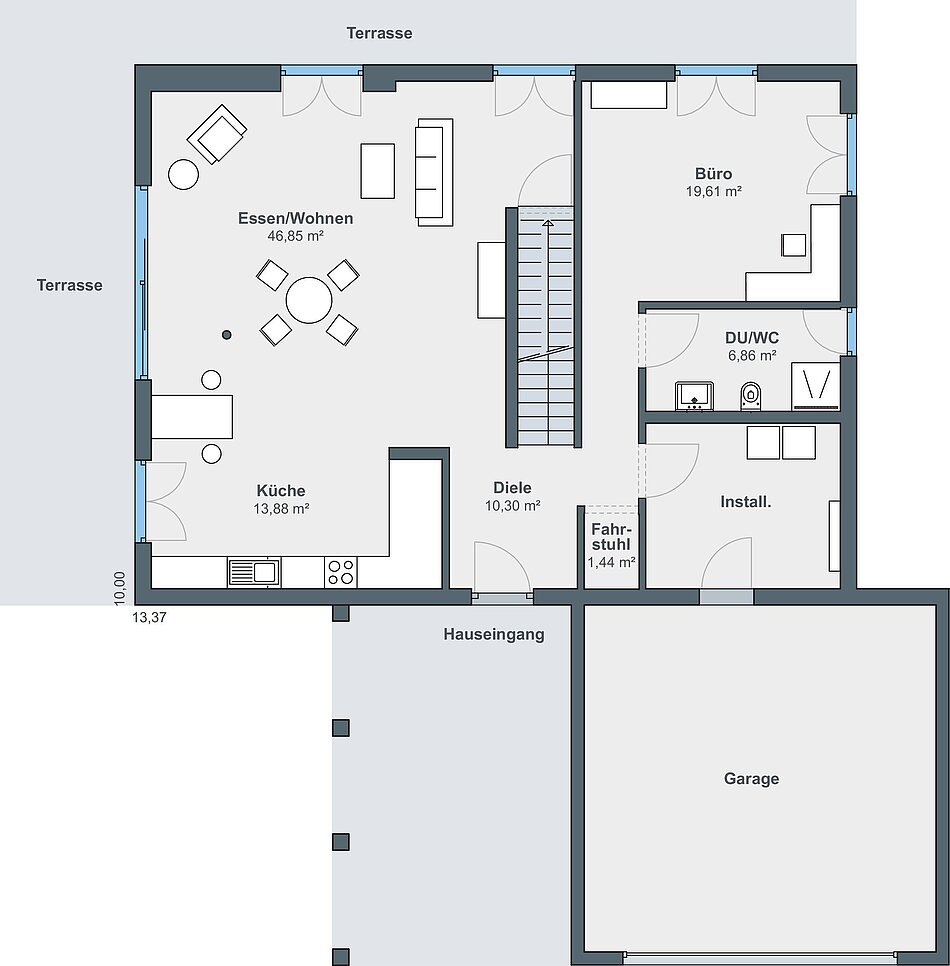 Grundriss Erdgeschoss - 2-geschossiges Haus im Bauhaus-Stil mit Flachdach