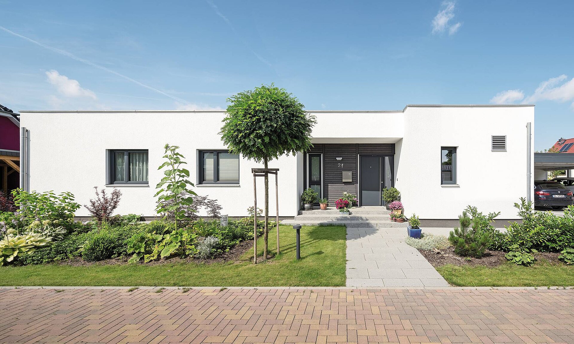 Winkelbungalow Putz weiss mit Flachdach