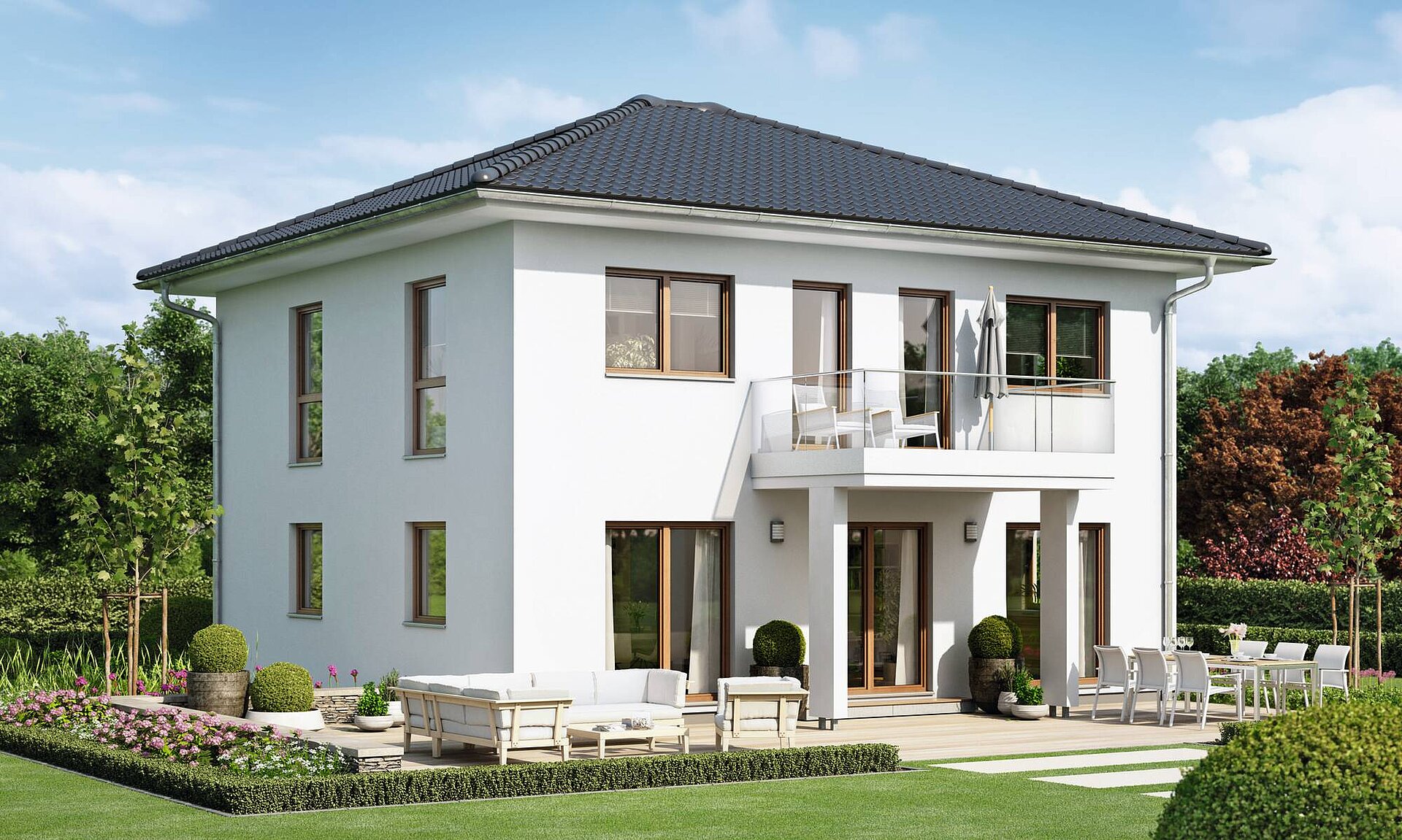 Zweigeschossiges Stadthaus mit Walmdach vorgeplantes, WeberHaus, Balance