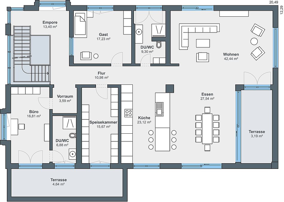 Grundriss: Erdgeschoss mit 195 m² Wohnfläche