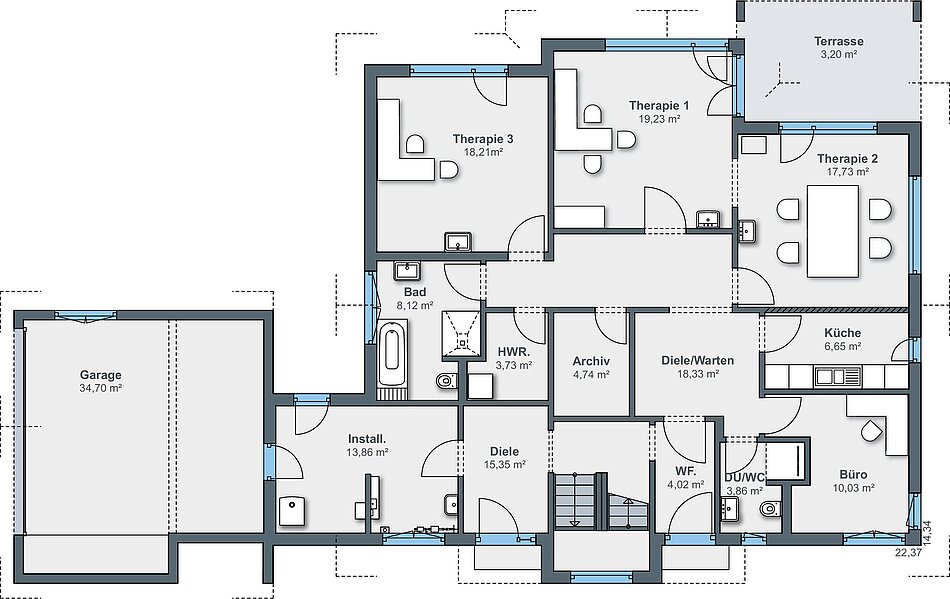 Grundriss Erdgeschoss - 1,5-geschossiges Haus mit Satteldach