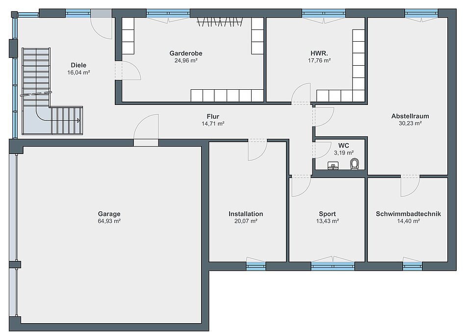 Grundriss: Untergeschoss mit über 200 m² Nutzfläche