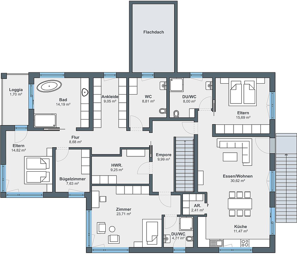 Grundriss Obergeschoss - 2-geschossiges Haus mit Satteldach
