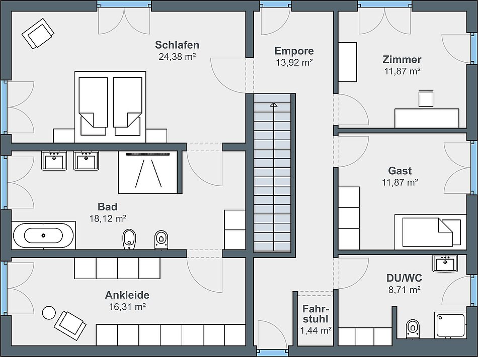 Grundriss Obergeschoss - 2-geschossiges Haus im Bauhaus-Stil mit Flachdach