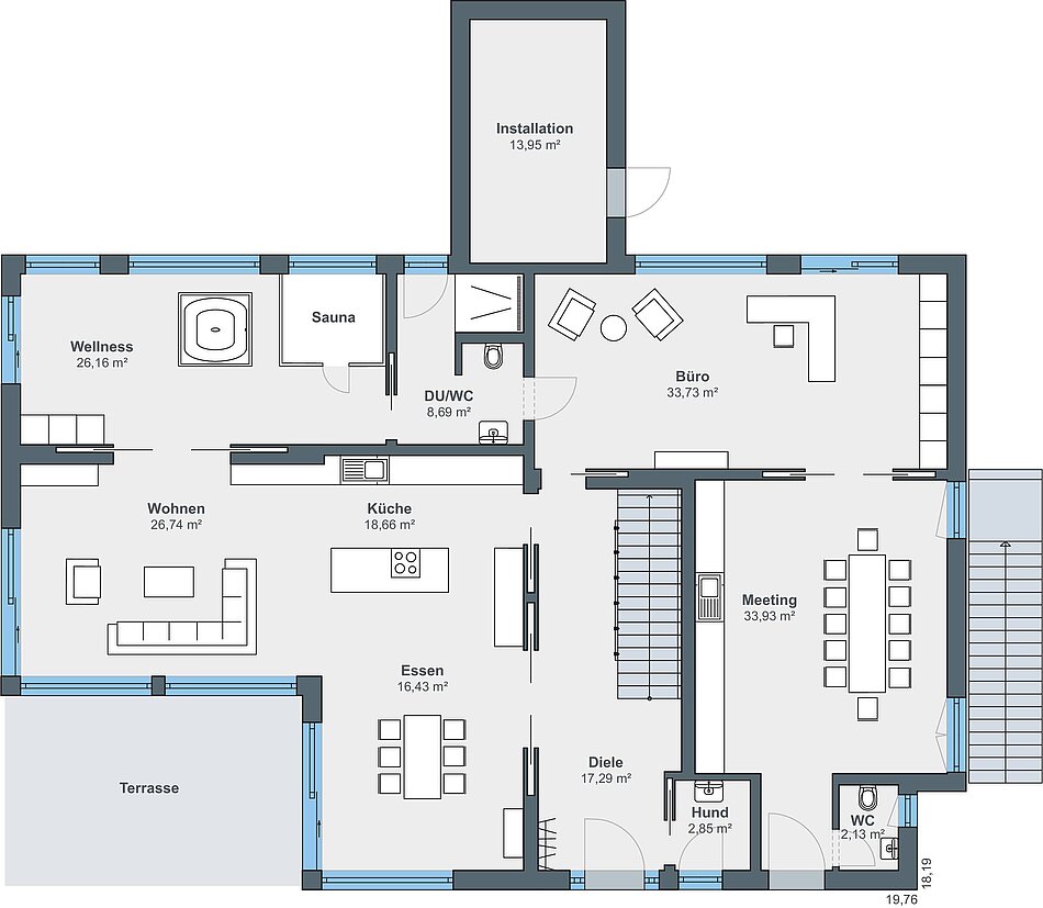 Grundriss Erdgeschoss - 2-geschossiges Haus mit Satteldach