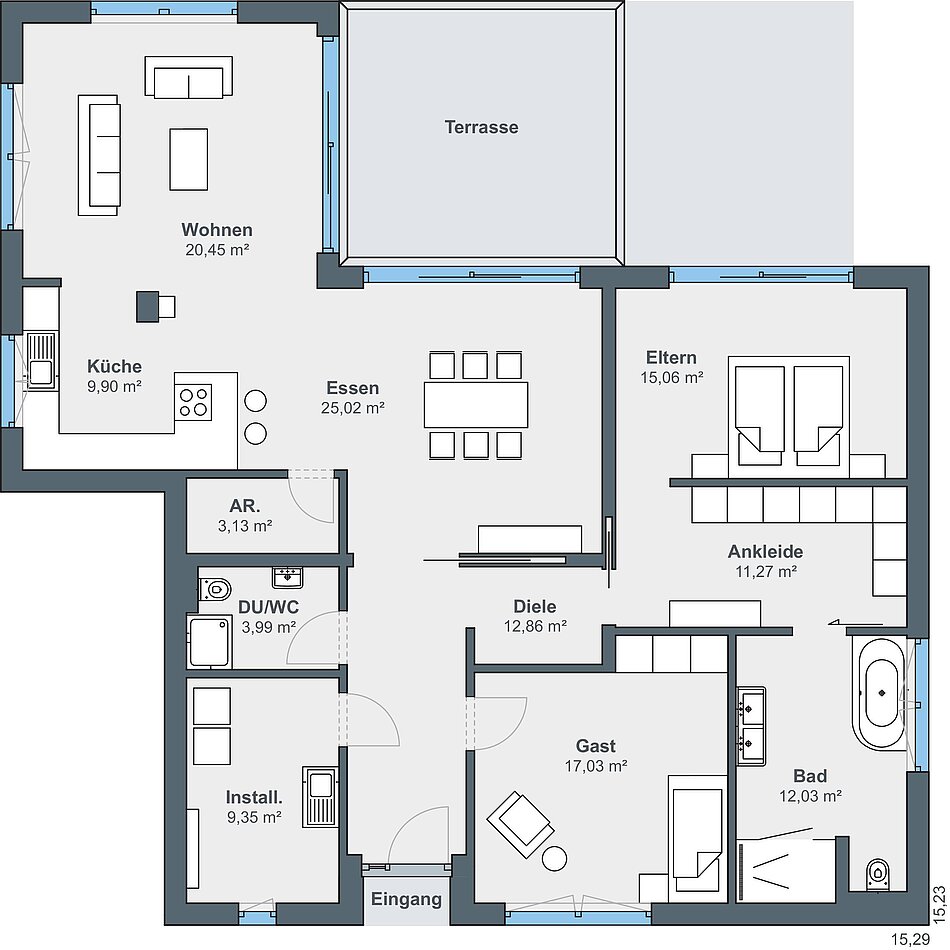 Grundriss Erdgeschoss - 1-geschossiges Winkelhaus (Bungalow) mit Pultdach versetzt