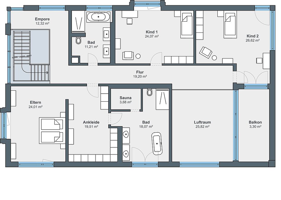 Grundriss: Obergeschoss mit 185 m² Wohnfläche