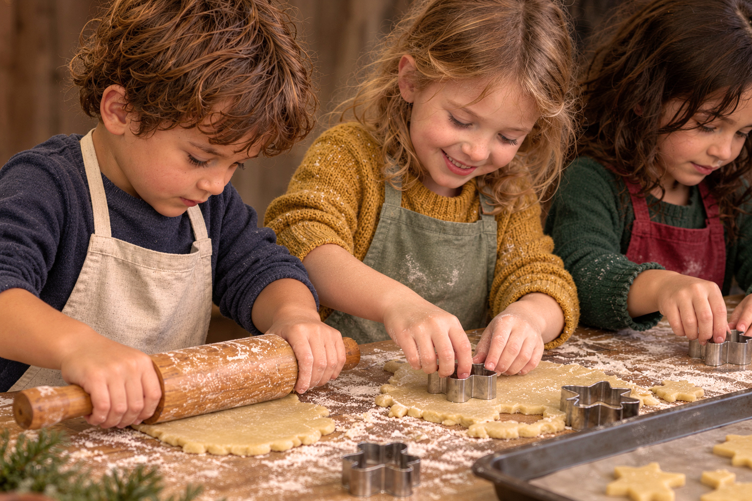 Drei Kinder stehen an einem Holztisch und backen Plätzchen. Eines der Kinder rollt den Teig mit einem Nudelholz aus, während die anderen beiden Formen ausstechen. Die Tischoberfläche ist mit Mehl und Teigresten bedeckt, und die Kinder tragen Schürzen.