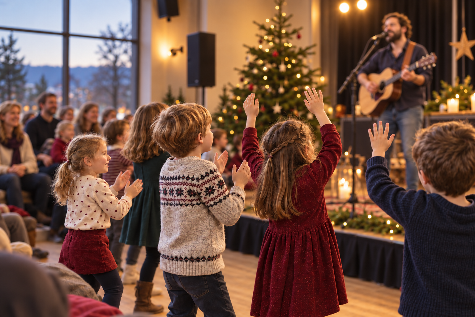 Eine Gruppe von fröhlichen Kindern steht in einem Raum und applaudiert einem Musiker, der Gitarre spielt. Im Hintergrund sind Lichter und ein Weihnachtsbaum zu sehen. Erwachsene im Publikum schauen lächelnd zu. Die Szene strahlt festliche Stimmung aus.