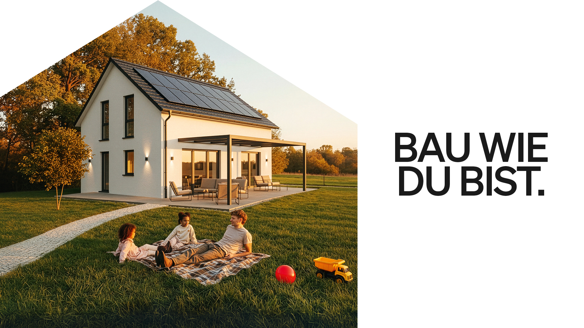 Ein modernes Einfamilienhaus mit Solarpanelen steht in einer grünen Umgebung. Zwei Kinder spielen auf einer Decke im Gras und ein erwachsener Mann sitzt entspannt dabei. Der Slogan „BAU WIE DU BIST“ ist im Bild integriert.