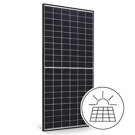 Ein schwarzes Solarpanel mit einer rechteckigen Form, das in vertikaler Position steht. Neben dem Panel befindet sich ein einfaches Symbol, das eine Sonne über einem Solarpanel darstellt, um die Energiegewinnung durch Sonnenlicht zu verdeutlichen.
