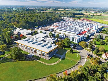 Luftaufnahme Werk Rheinau-Linx mit Verwaltungsgebäude und World of Living - WeberHaus