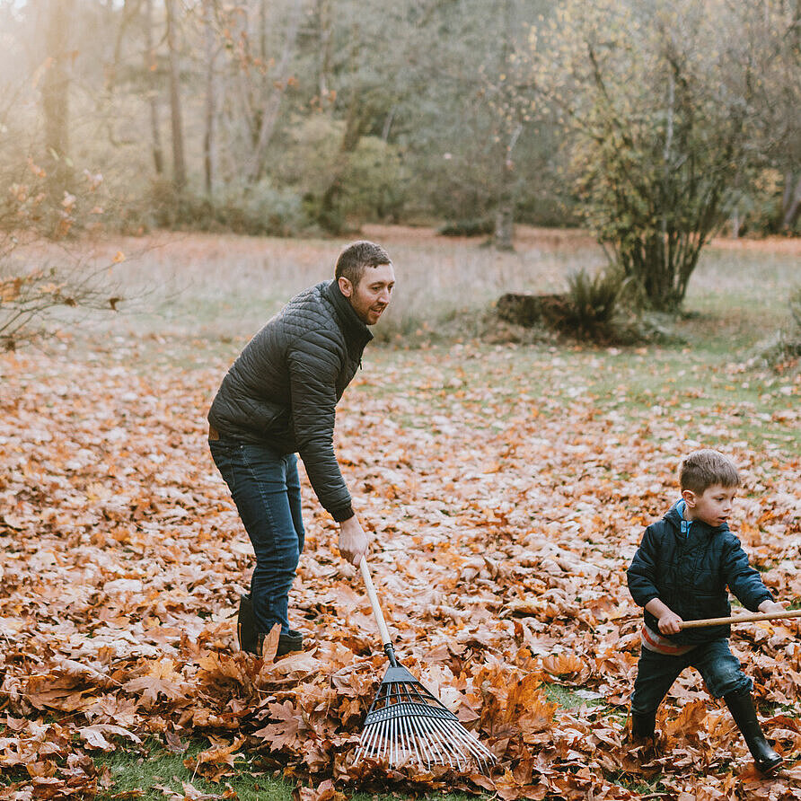 Vater und Sohn beim Laubharken