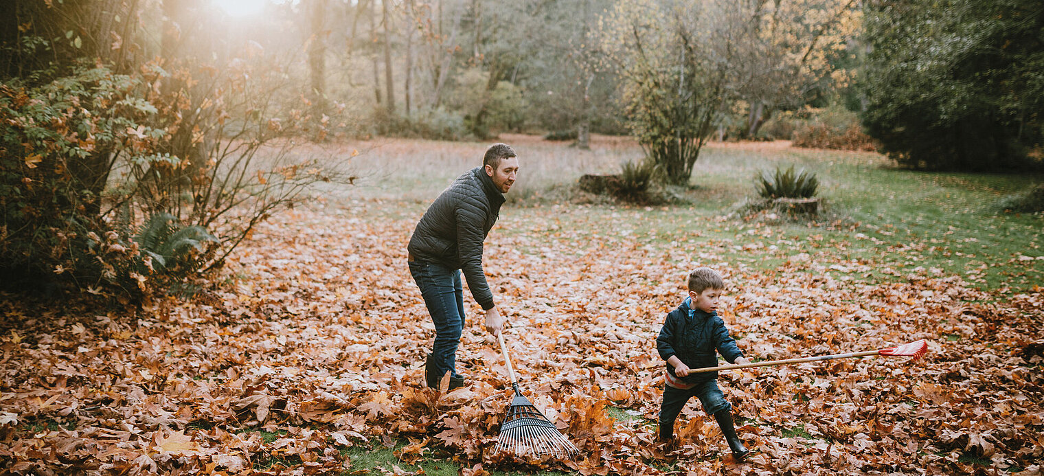 Vater und Sohn beim Laubharken